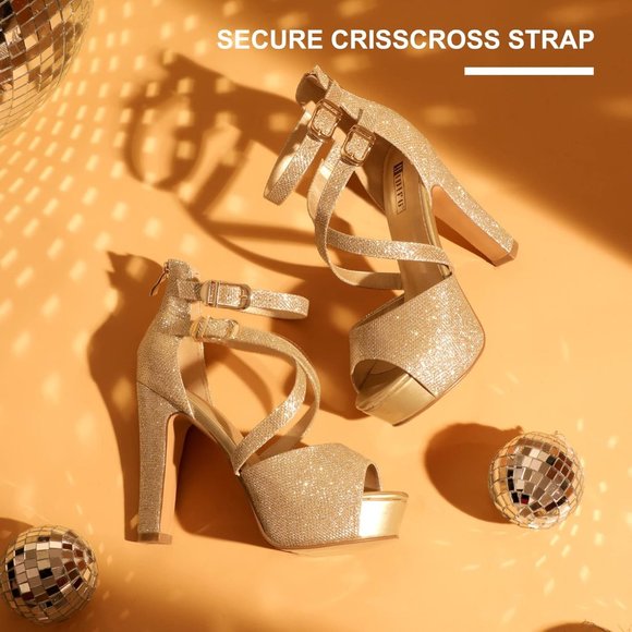 Women's IN5 Charcy Crisscross Strappy Platform High Chunky Gold Heels Toe Pump - Picture 5 of 6